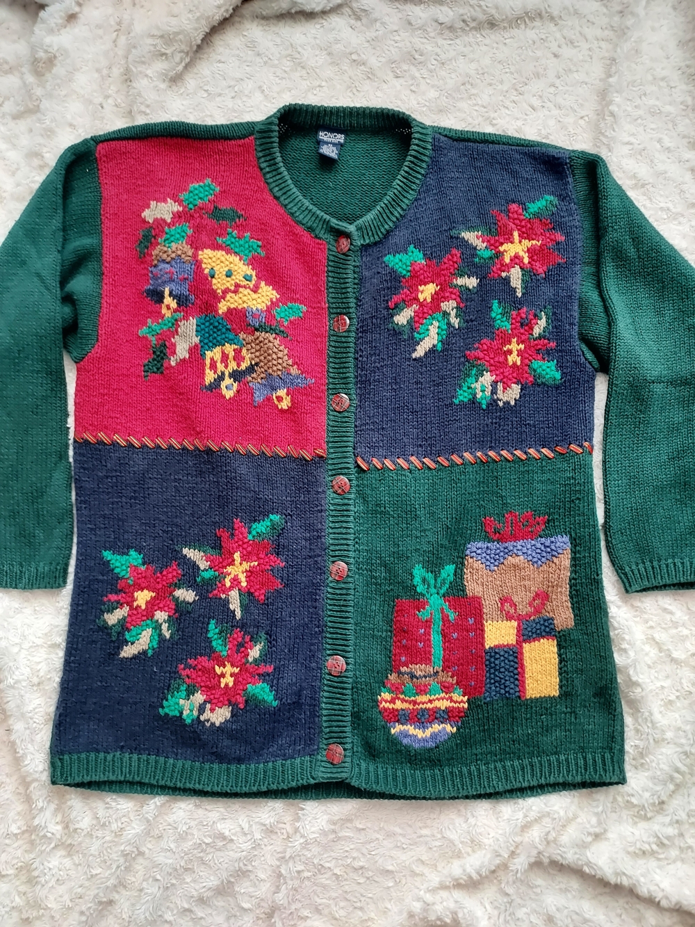 Vintage 90s Honors Green Patchwork Holiday Cardigan Sweater Grandma Cottagecore